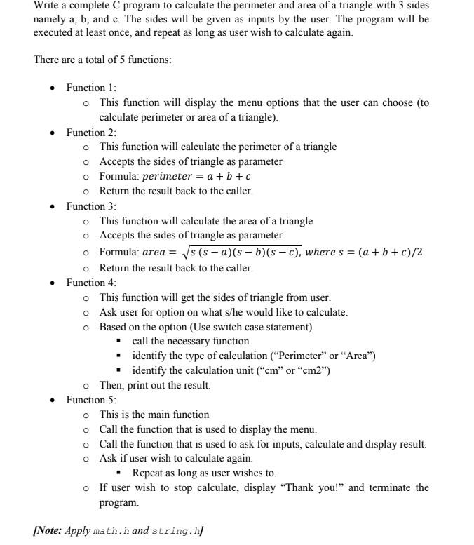  Write a complete C program to calculate the perimeter and area