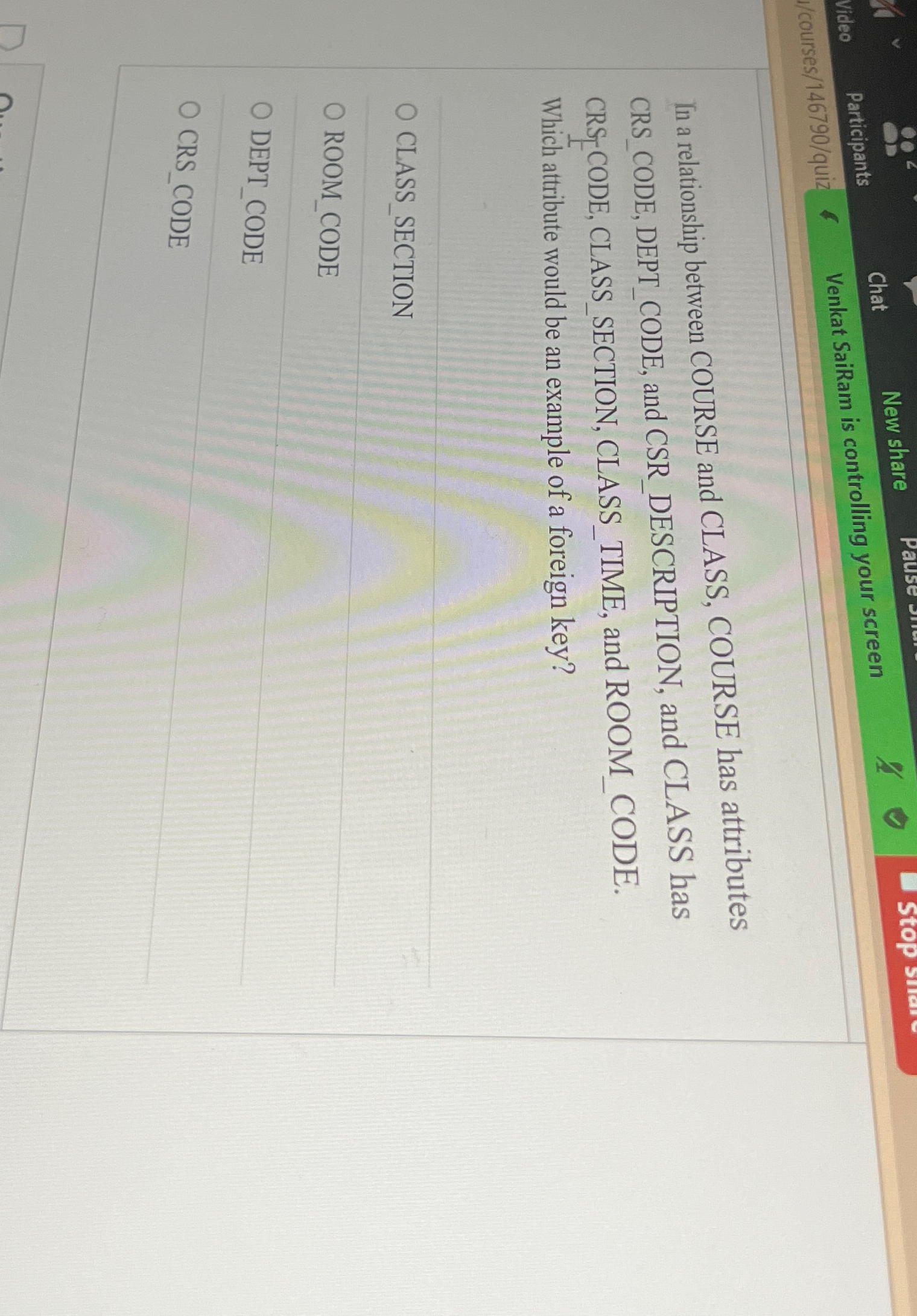  In a relationship between COURSE and CLASS, COURSE has attributes CRS_CODE,