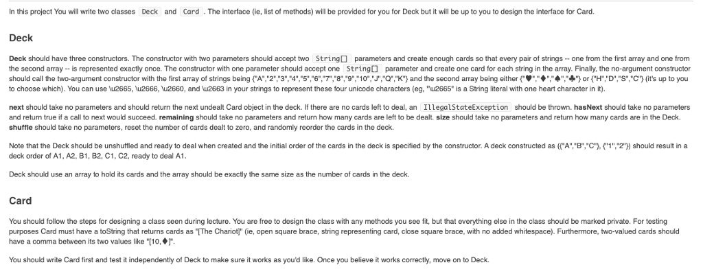 only 2 classes please : class card and class deck java In