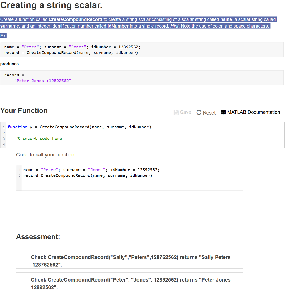 Need help in MATLAB!!! Creating a string scalar. Create a function called