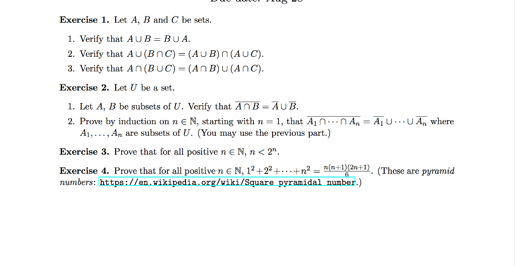  Exercise 1. Let A, B and C be sets. 1. Verify