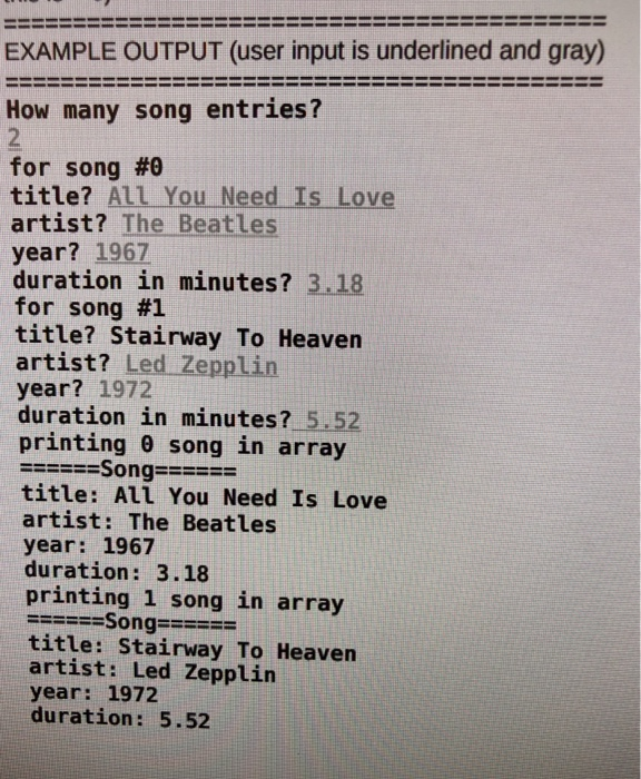 year, double duration; public: Song0 title = NULL; artist = NULL; year