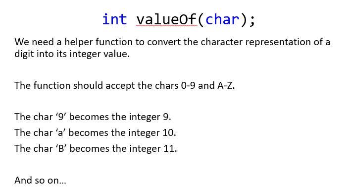  I need help creating this function in c++ int valueof(char); We