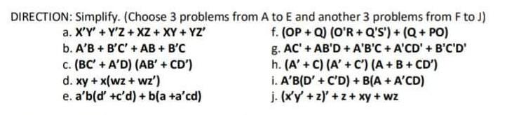  DIRECTION: Simplify. (Choose 3 problems from A to E and another