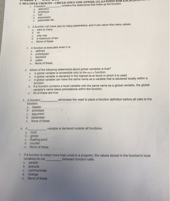  (12,03 POINT FOR EAuh I. MULTIPLE CHOICES- CIRCLE ONLY ONE ANWER