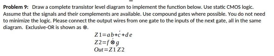  Problem 9: Draw a complete transistor level diagram to implement the