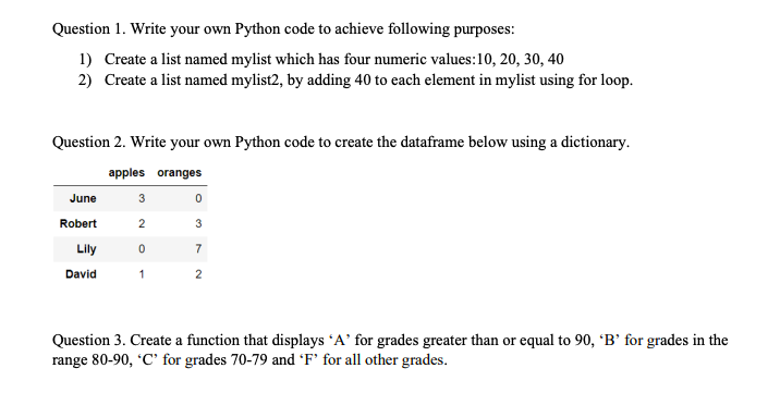  Question 1. Write your own Python code to achieve following purposes: