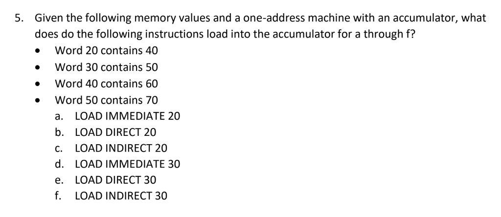  5. Given the following memory values and a one-address machine with