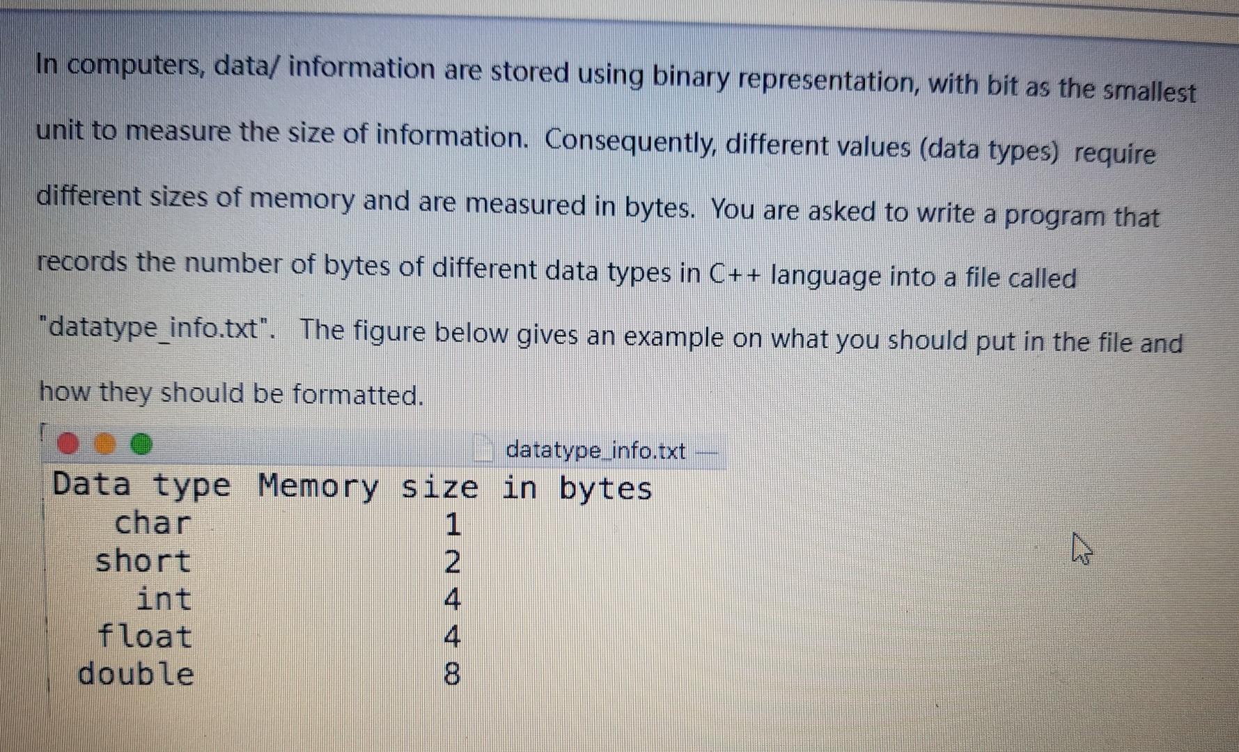  c++ In computers, data/ information are stored using binary representation, with