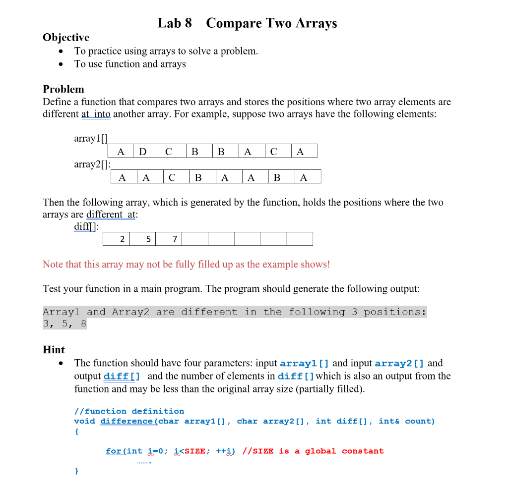  Lab 8 Compare Two Arrays Objective To practice using arrays to