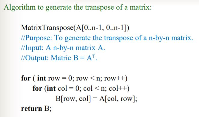 Discrete Math Trace the algorithm to generate the Transpose of a matrix.