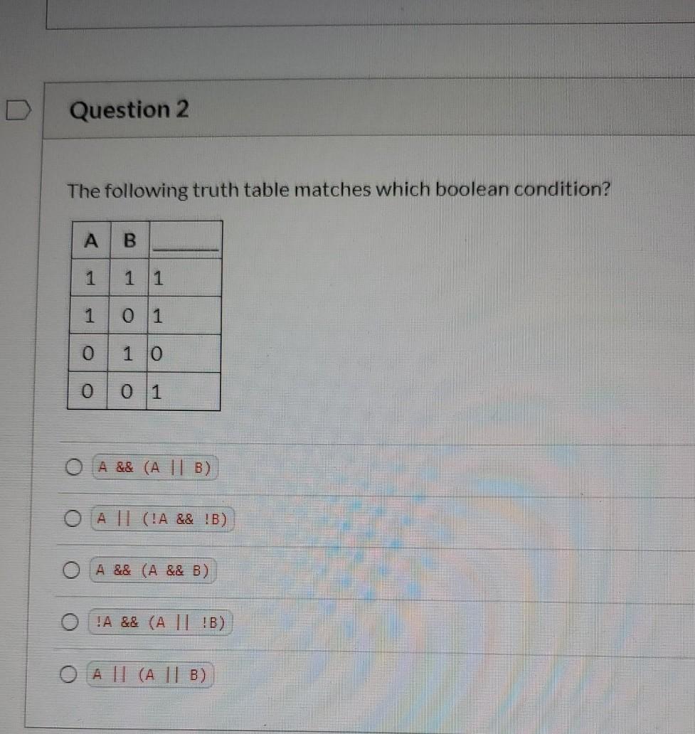 D Question 2 The following truth table matches which boolean condition?