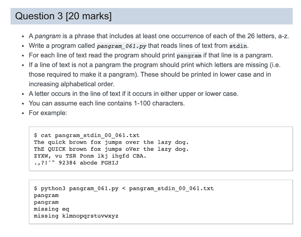  Question 3 [20 marks] . . . A pangram is a