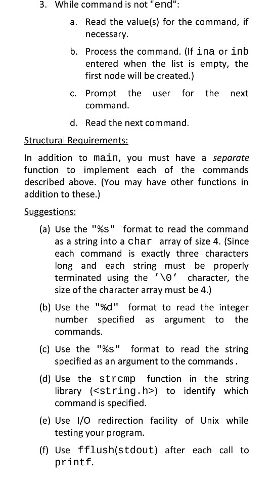 types the end command The program deals with linked lists. Each node