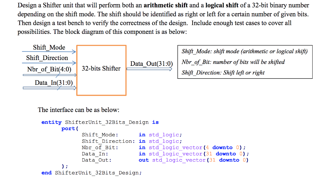 Write VHDL Code: Design a Shifter unit that will perform both an