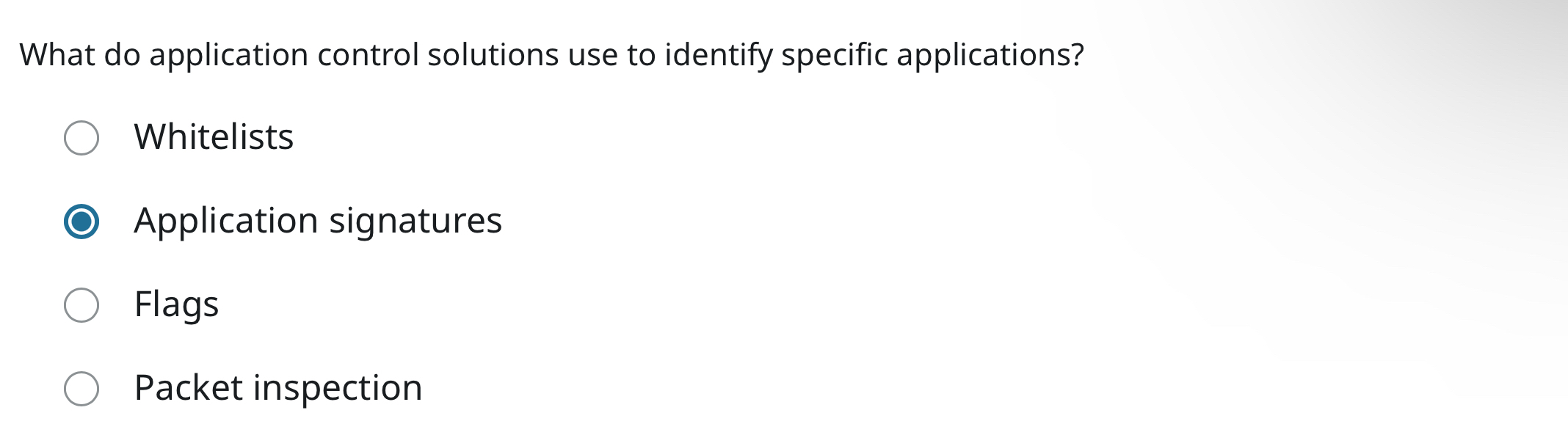  What do application control solutions use to identify specific applications? Whitelists