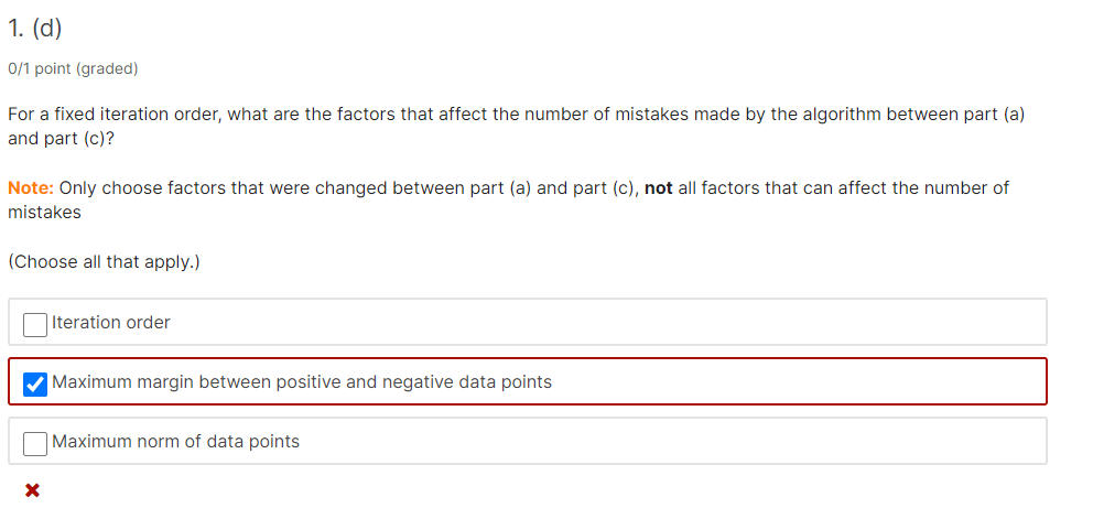 iteration ordering. Consider applying the perceptron algorithm through the origin based on