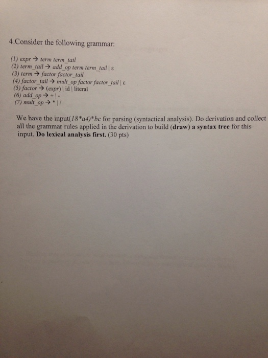  Consider the following grammar: (1) expr rightarrow term term_tail (2) term