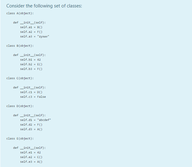 Consider the following set of classes: class A(object): def __init__(self): self.al