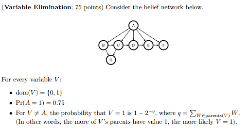  (Variable Elimination; 75 points) Consider the belief network below. For every