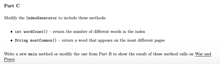  Please provide your code. Thank you. Part C Modify the IndexGenerator
