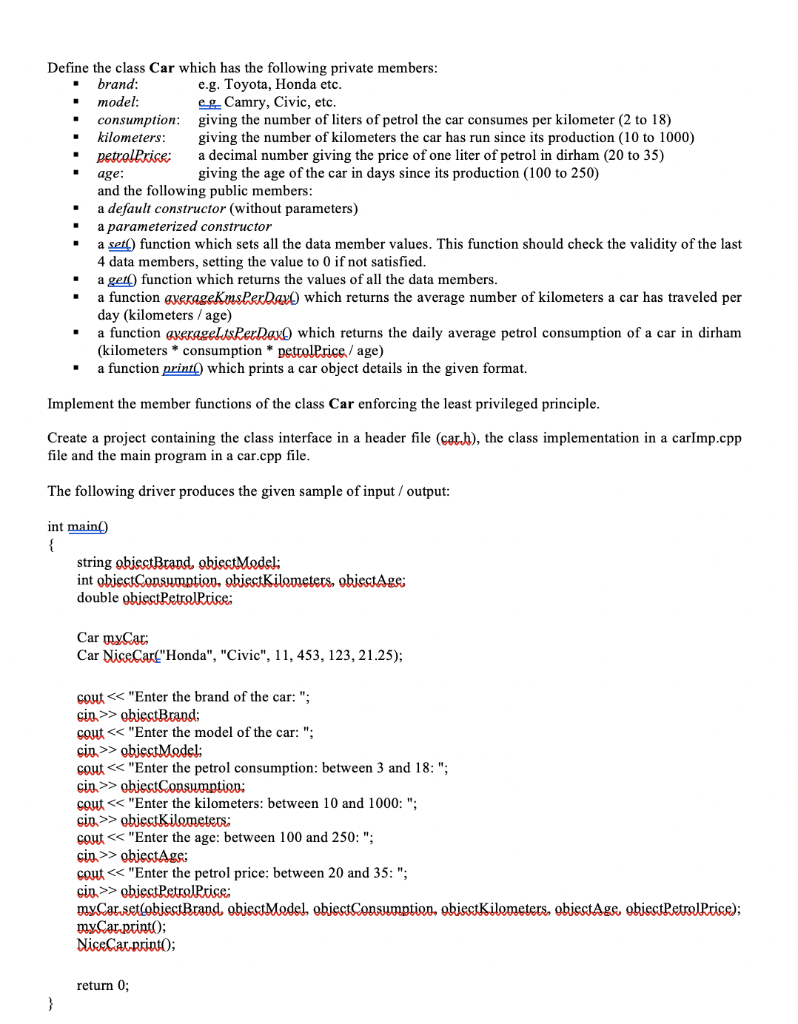 C++ using xcode Define the class Car which has the following private