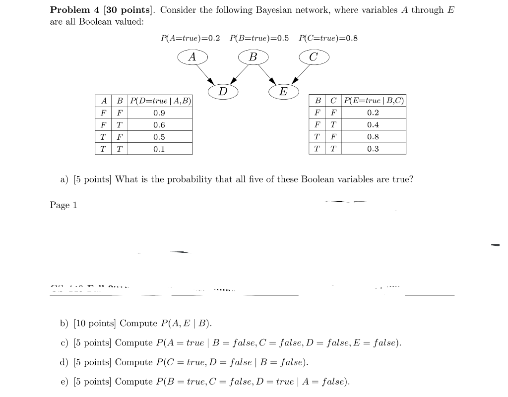  Problem 4 [30 points]. Consider the following Bayesian network, where variables