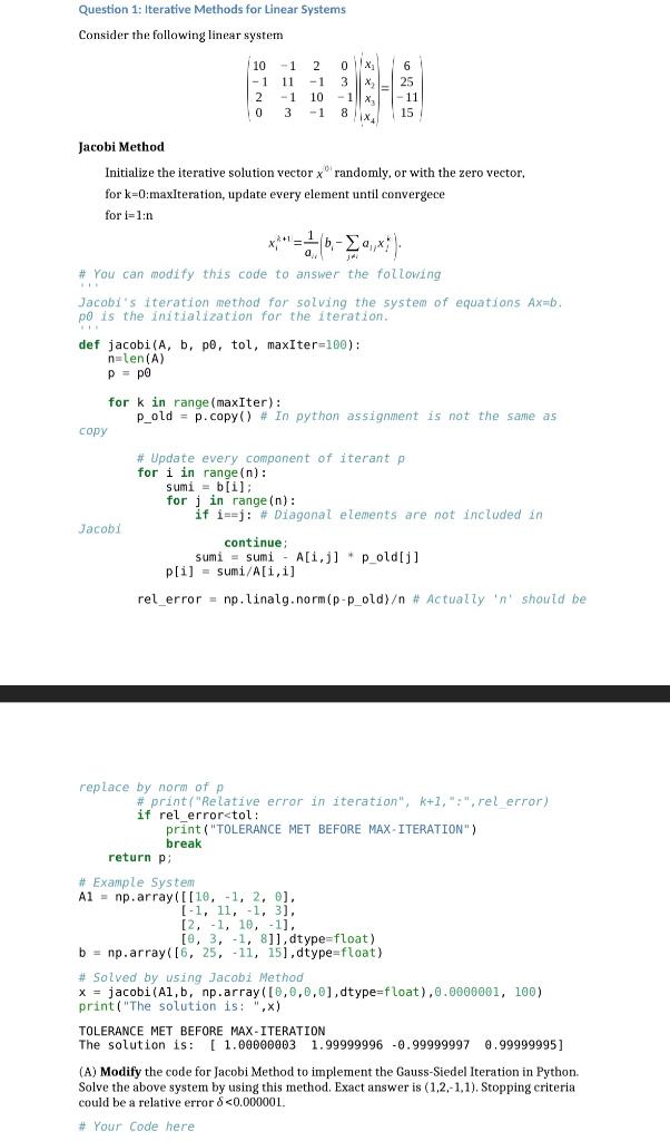Please solve Question 1 PART B using the code given above. Dont