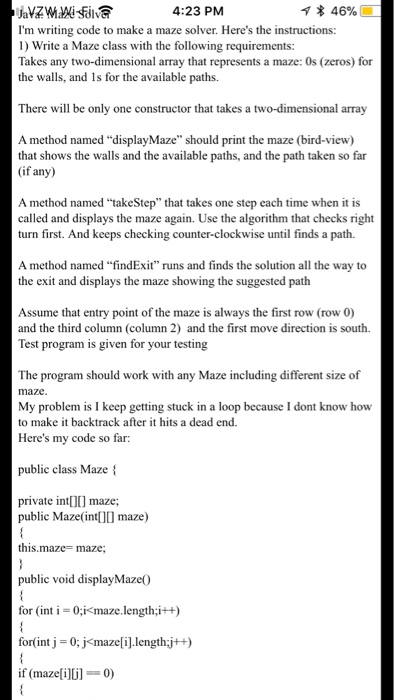  4:23 PM * 46%) I'm writing code to make a maze