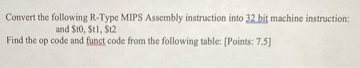 code from the following table: [Points: 7.5] Convert the following R-Type MIPS