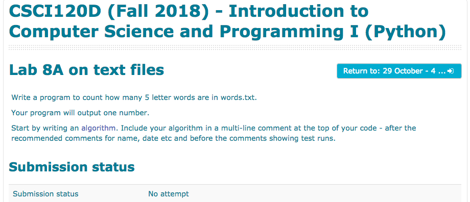  CSCI120D (Fall 2018) Introduction to Computer Science and Programming I (Python)