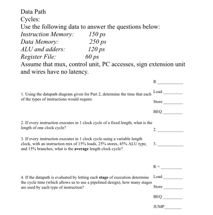  Data Path Cycles Use the following data to answer the questions