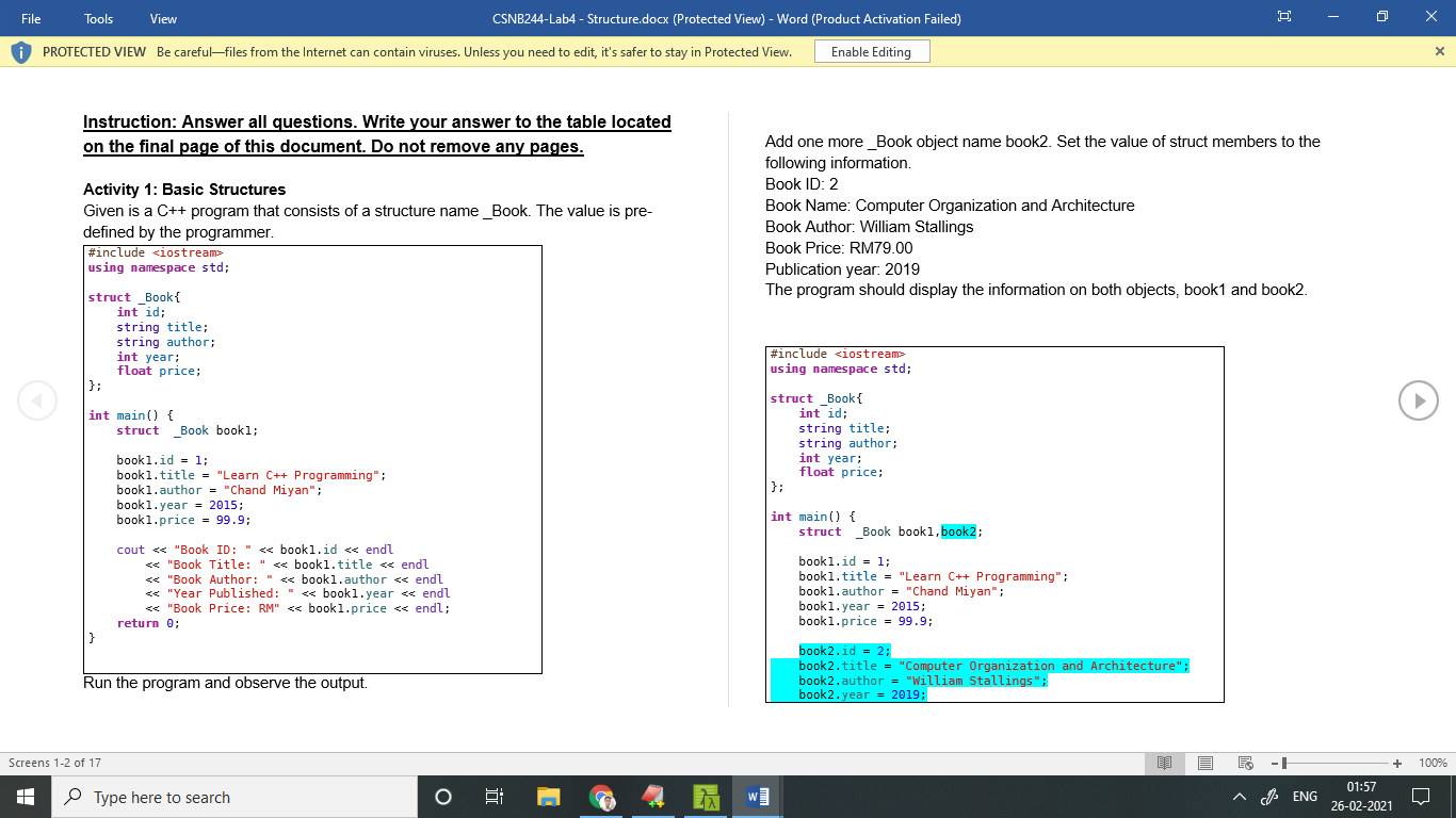  Tools File View CSNB244-Lab4 - Structure.docx (Protected View) - Word (Product