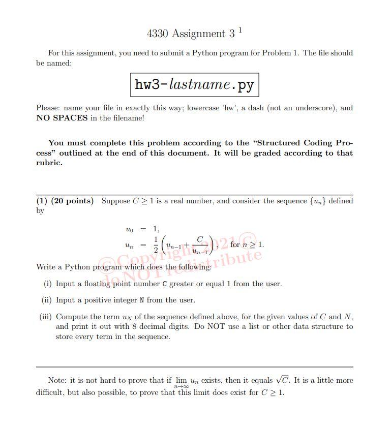  please use python 3 4330 Assignment 31 For this assignment, you