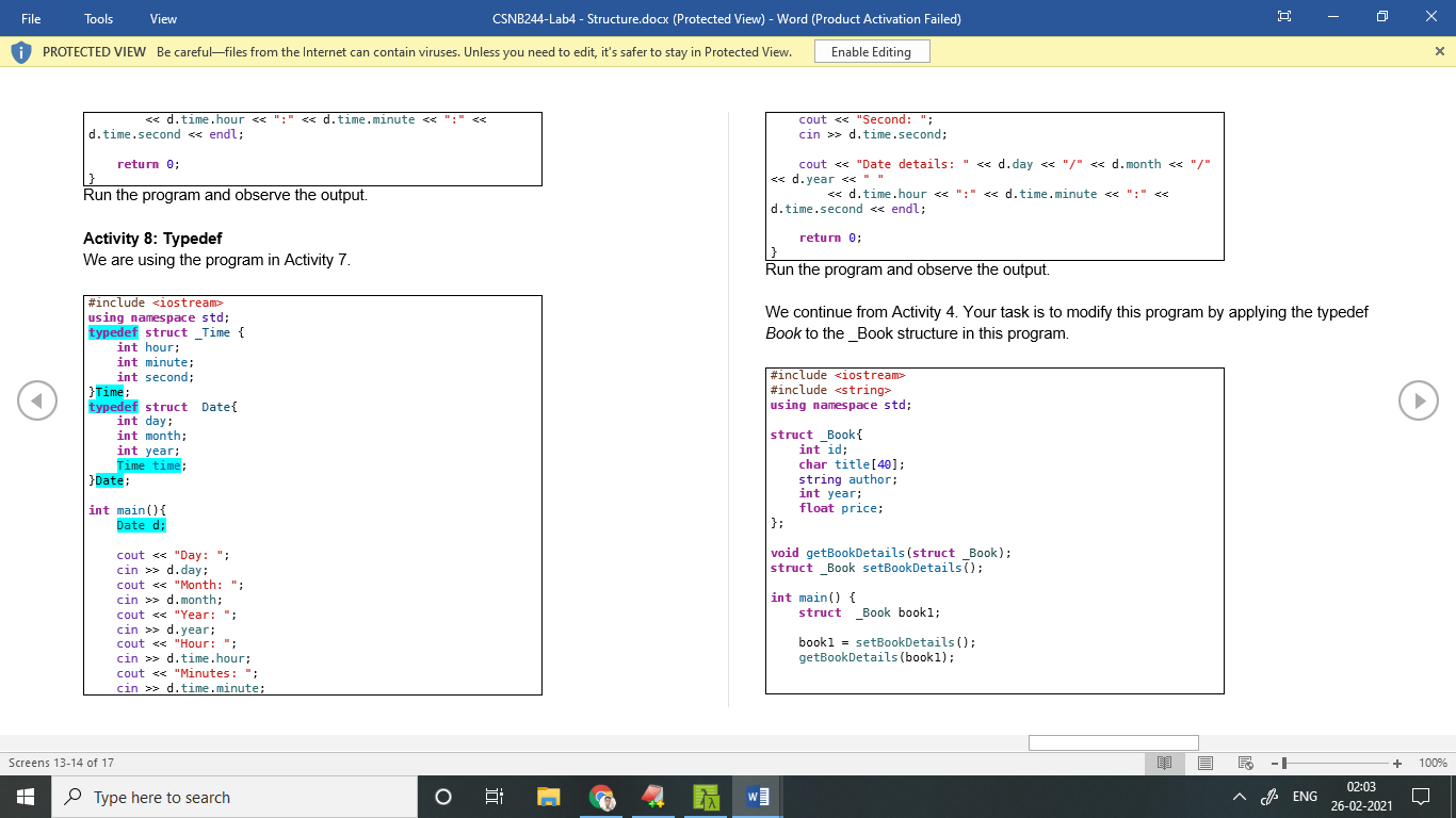 not remove any pages. Activity 1: Basic Structures Given is a C++