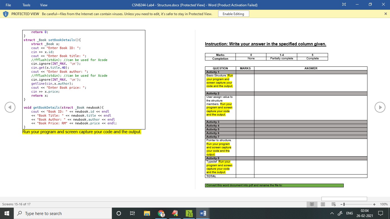 program that consists of a structure name _Book. The value is pre-