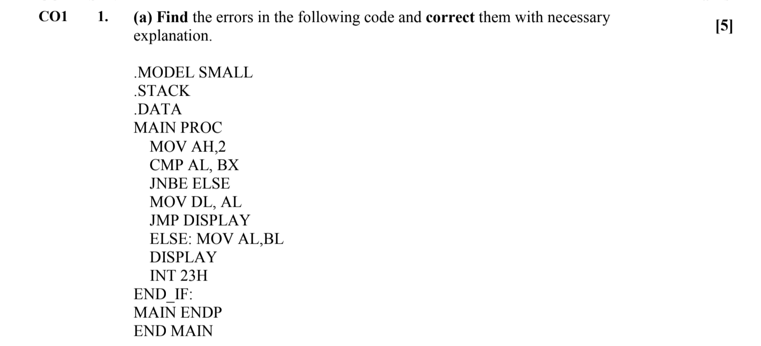  Subject: Microprocessor and Microcontroller C01 1. (a) Find the errors in