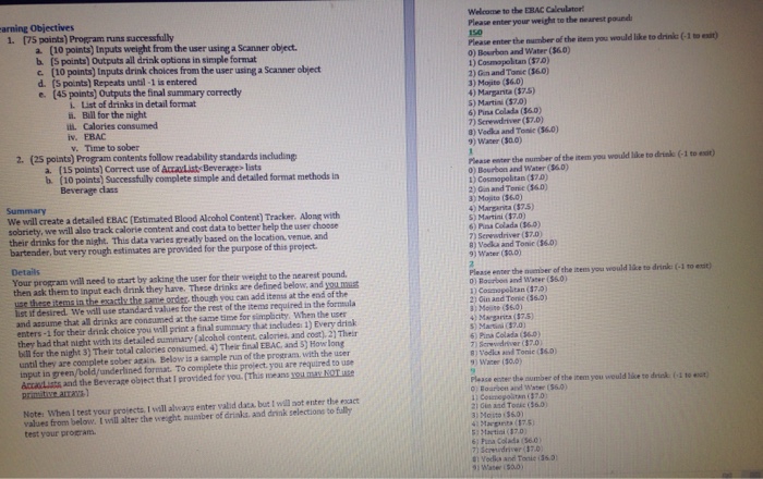  Java help Welcome to the EBAC Caleulator arning Objectives 1. [75