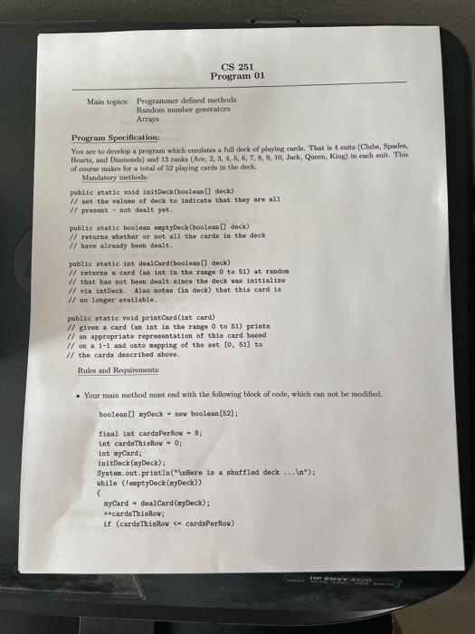  CS 251 Program 01 Main topics Programmer defined methods Random number