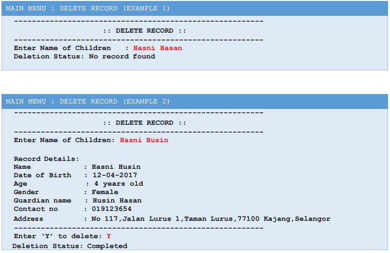 sample of output. Font in red is user input. Children string int