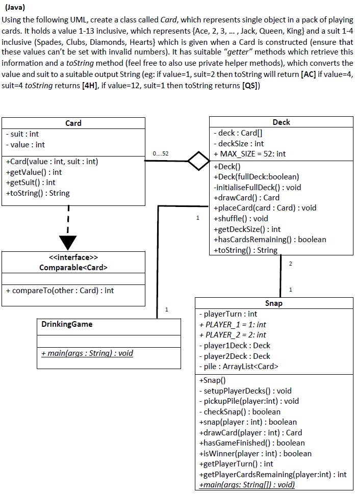 ava Using the following UML, create a class called Card, which