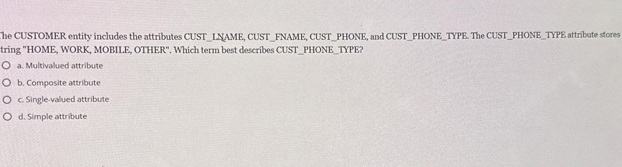  he CUSTOMER entity includes the attributes CUST_LNAME, CUST_FNAME, CUST_PHONE, and CUST_PHONE_TYPE.