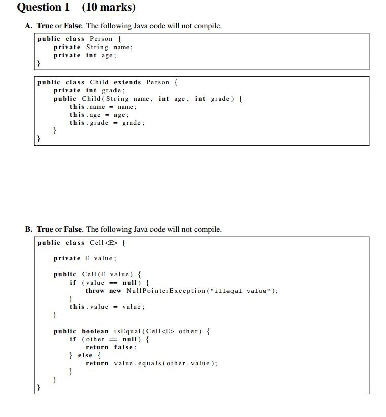 These are java questions, thank you very much Question 1 10 marks)