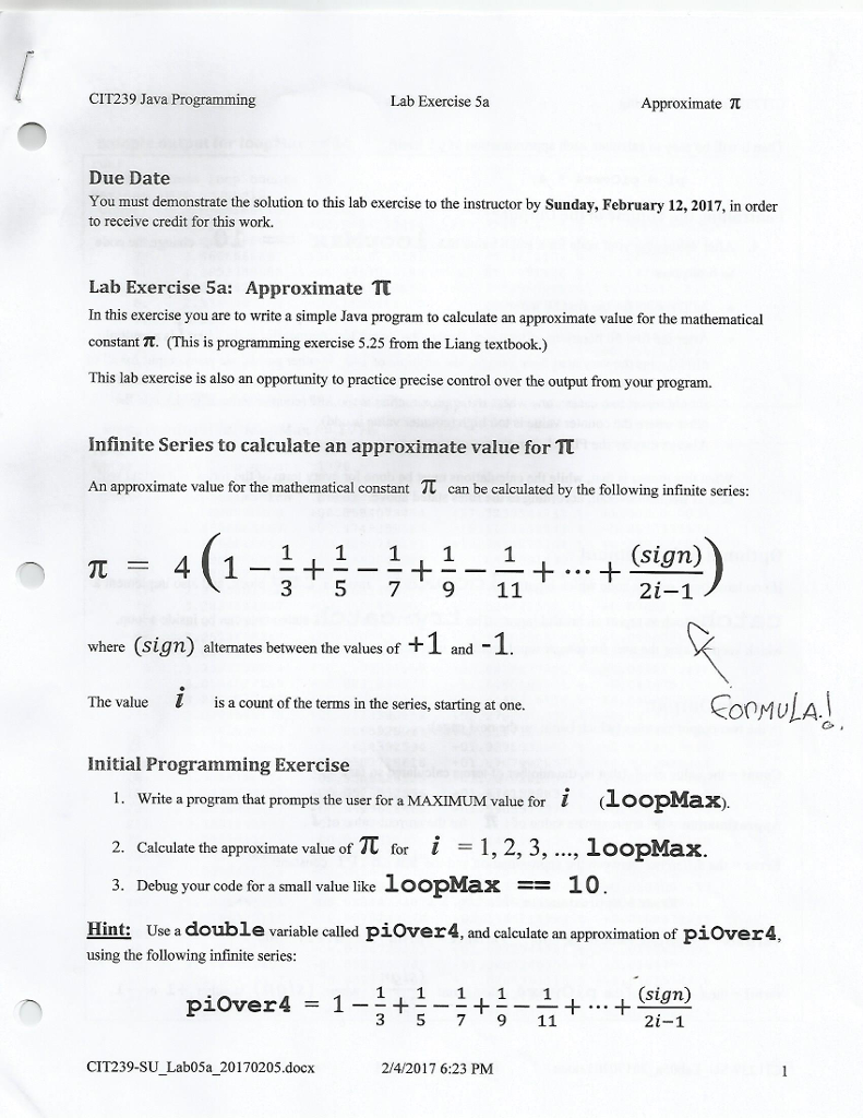  CIT239 Java Programming Lab Exercise 5a Approximate Due Date You must