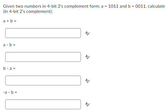  Given two numbers in 4-bit 2's complement form: a=1011 and b=0011,