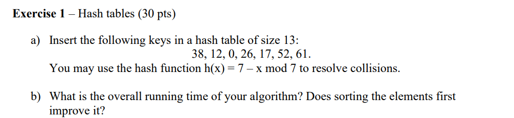  Exercise 1 - Hash tables (30 pts) a) Insert the following