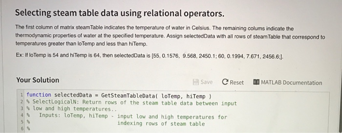 Selecting steam table data using relational operators The first column of