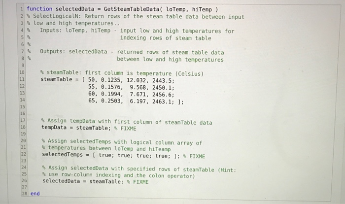 matrix steamTable indicates the temperature of water in Celsius. The remaining colums