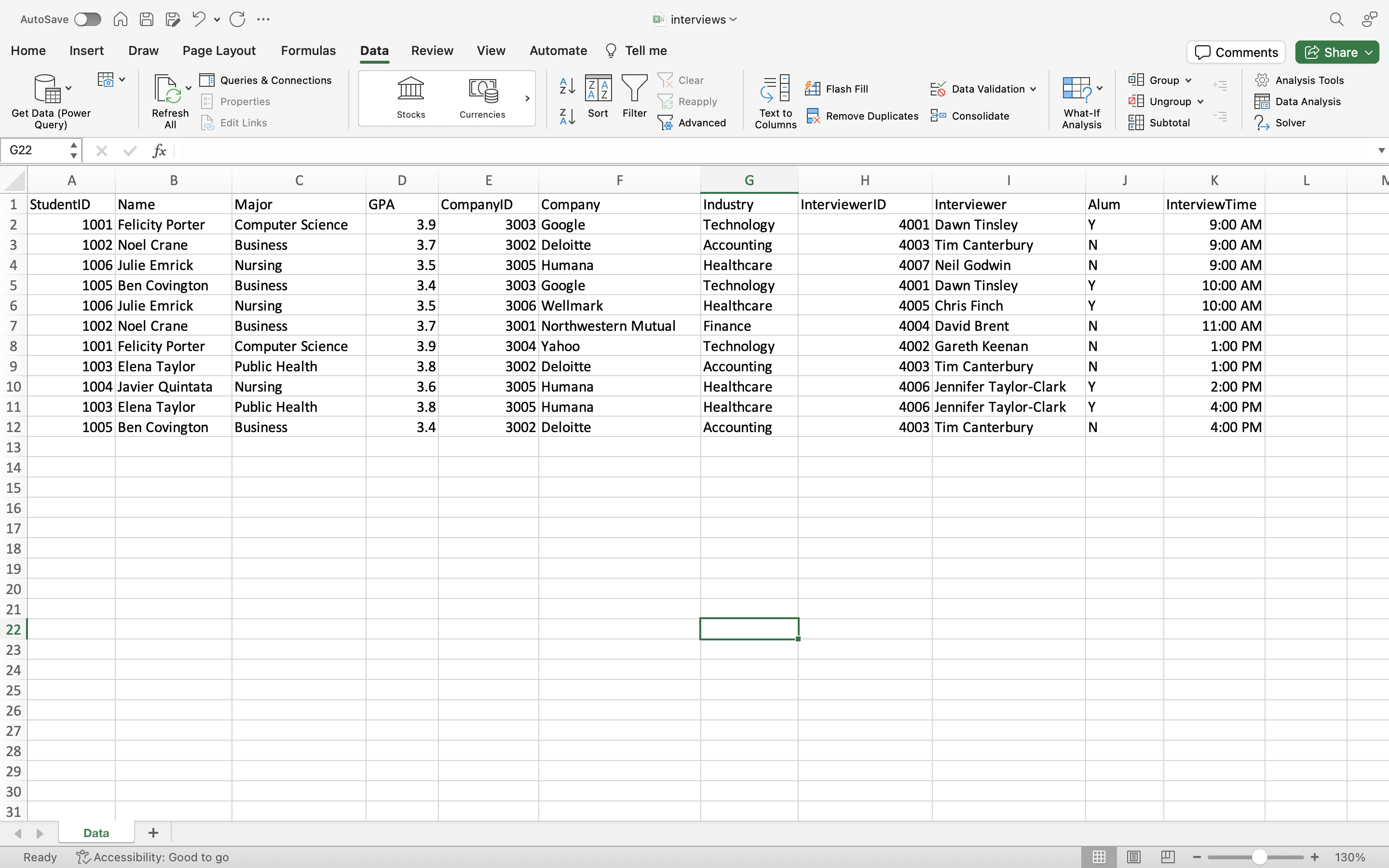  interviewsThe data file interviews.xlsx tracks information about interviews scheduled as a