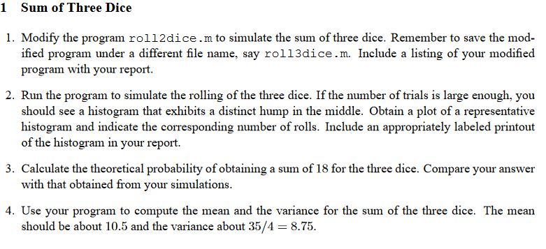 MATLAB Code of Two Dice (MATLAB) 1 Sum of Three Dice 1.